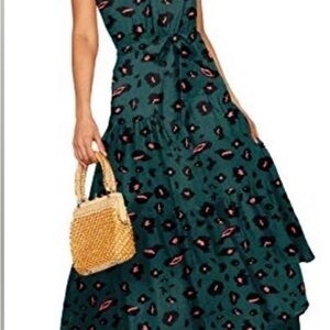 Emerald Green Leopard-Print Maxi Dress with Pink Accents